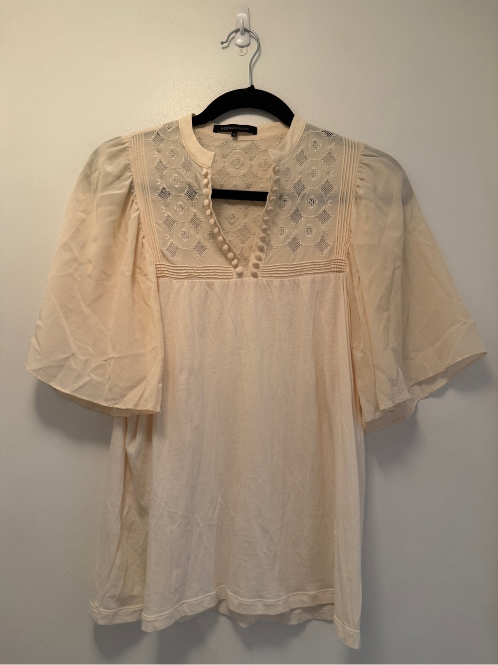 BCBGMaxAzria Embroidered Top | Cream Silk Bib Blouse | Bell Sleeve | XS